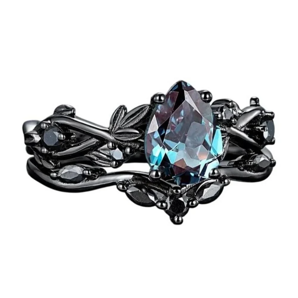 Pear Cut Alexandrite & Moissanite 2 piece Bridal Wedding engagement ring Rhodium - Picture 5 of 8